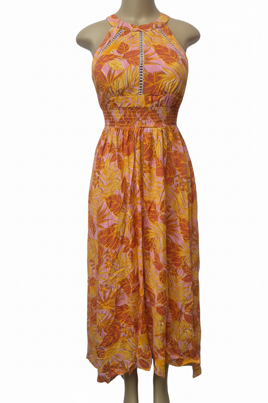 Tropical Floral Halter Maxi Dress - Front