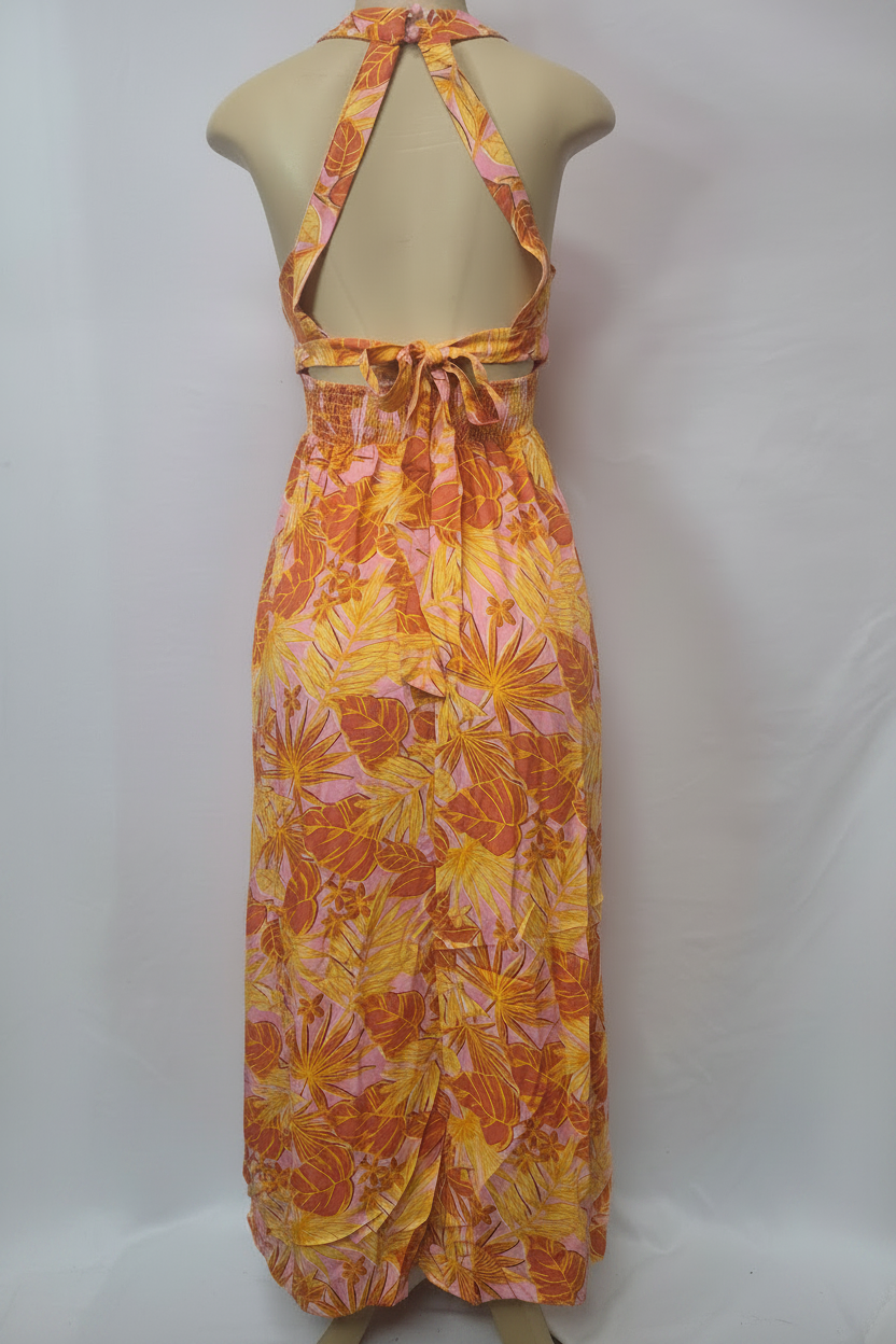 Tropical Floral Halter Maxi Dress - Pure White Background